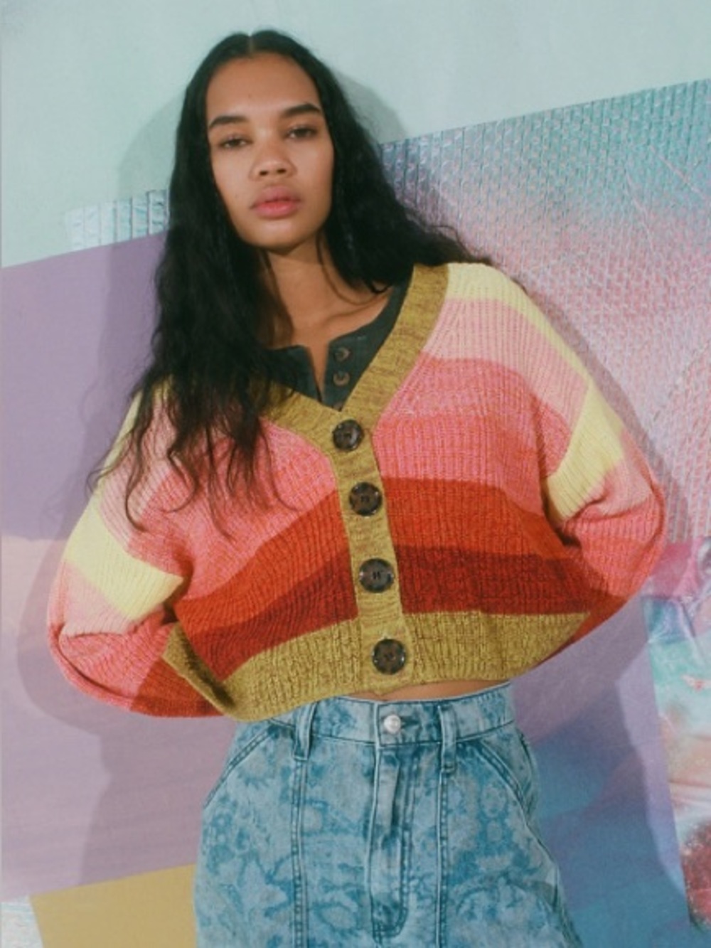 Urban Outfitters Striped V-Neck Button Cardigan in Yellow, Pink, Red, and Green